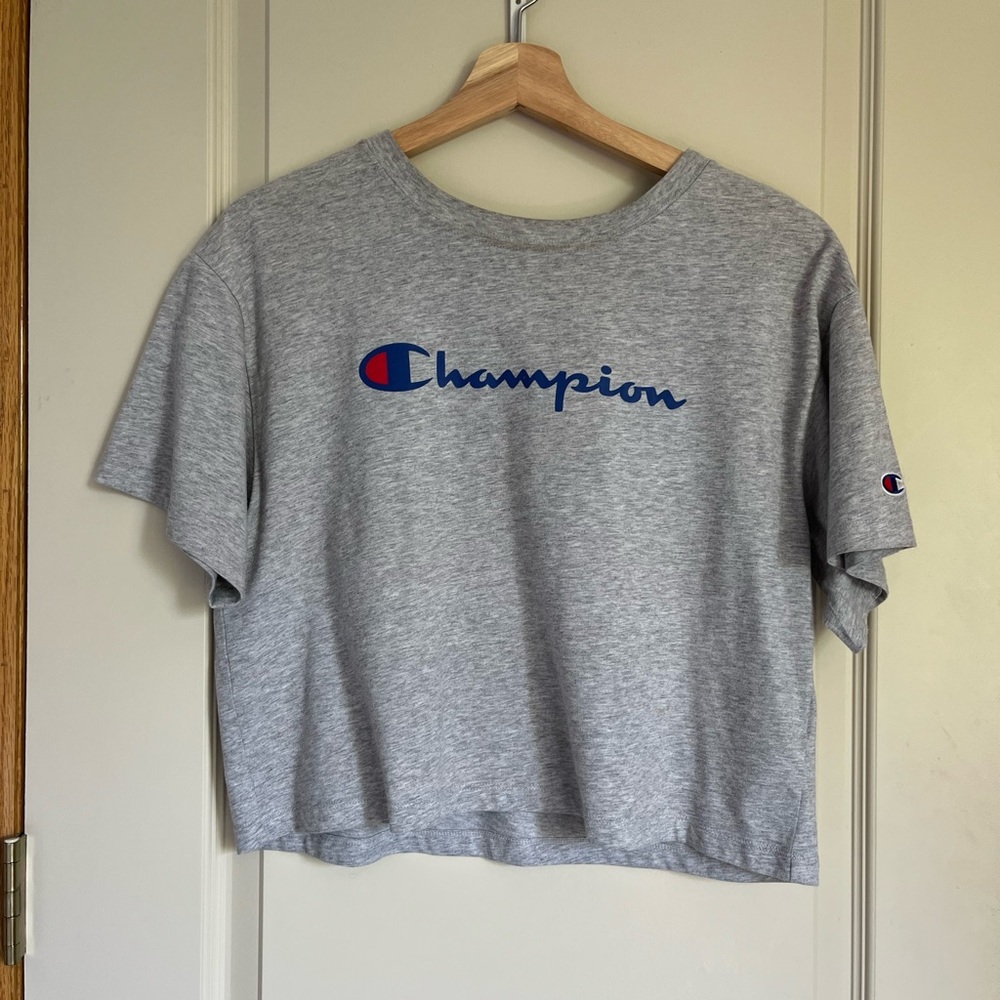 Gray Champion Logo Long Crop Crewneck Short Sleeve Tee Loose Fit Medium